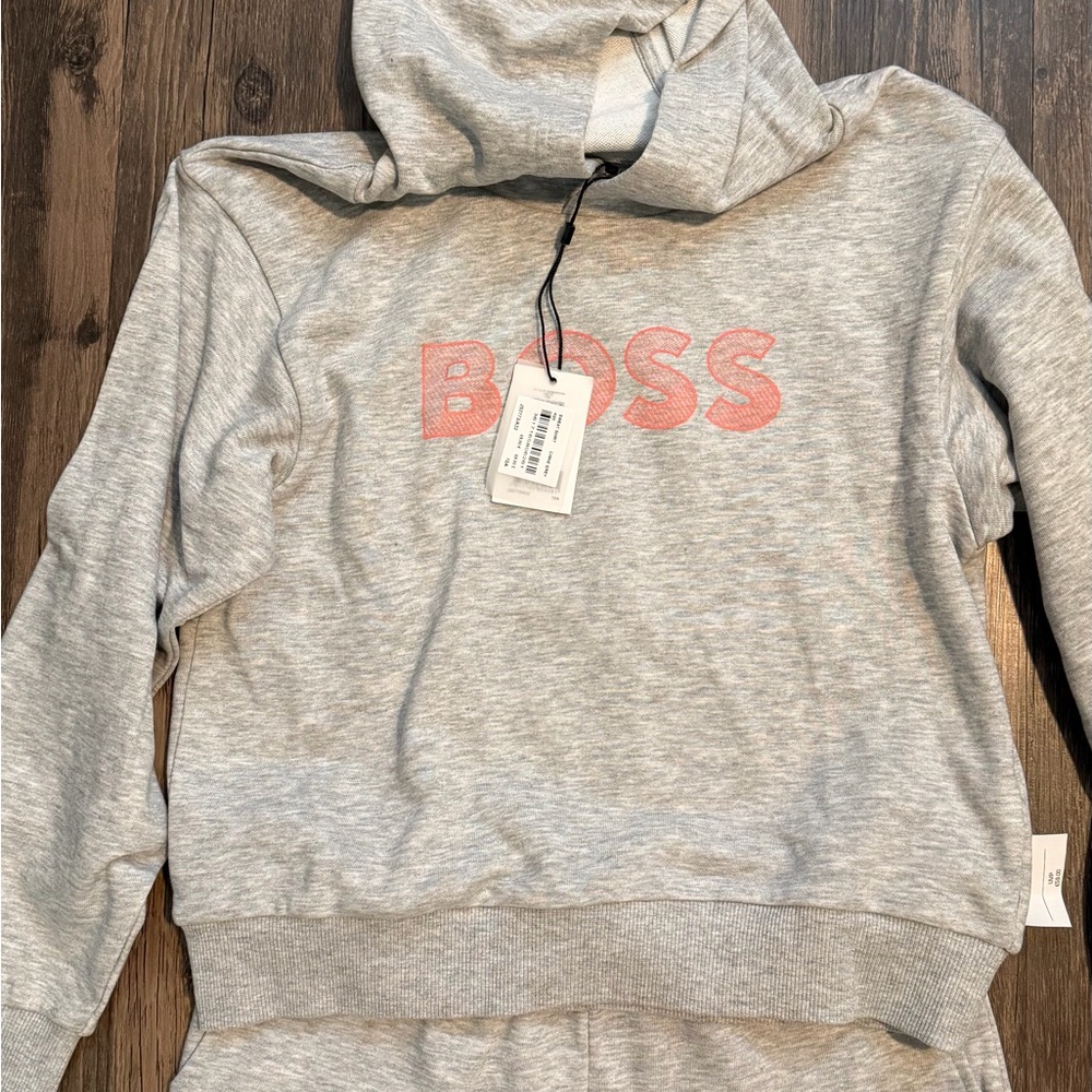 Boss Gray Hoodie and pant set with Coral pink Logo